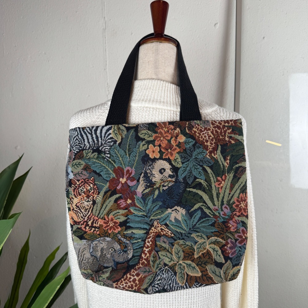 Eclectic Maximalist Vintage Jungle Wildelife Tapestry Tote Bag Safari Woven